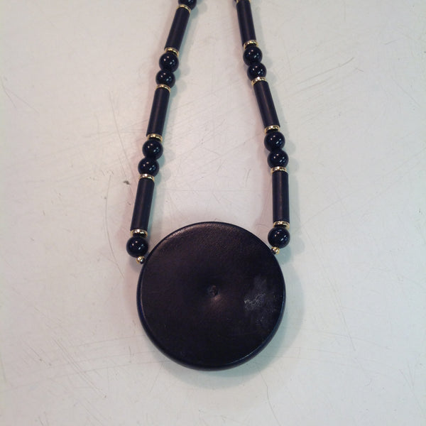 Vintage Black Plastic Pendant Necklace with Asiatic Abstract Gold Fleck Painting