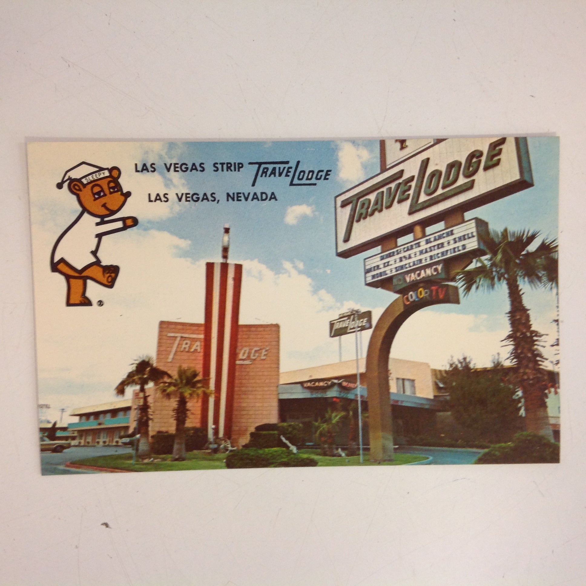 Vintage 1960's Souvenir Colourpicture Plastichrome Las Vegas Strip Travelodge Exterior with Sleepy Bear Postcard Las Vegas Nevada