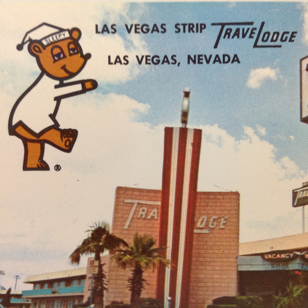 Vintage 1960's Souvenir Colourpicture Plastichrome Las Vegas Strip Travelodge Exterior with Sleepy Bear Postcard Las Vegas Nevada