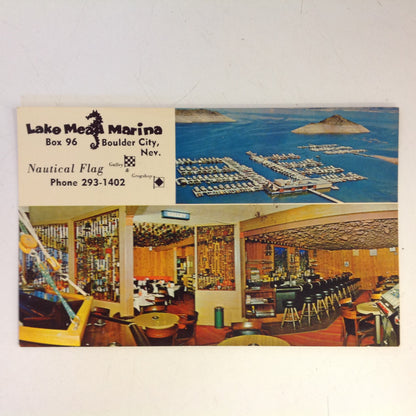 Vintage 1960's Souvenir Color Postcard Lake Mead Marina and Nautical Flag Gallery & Grogshop Boulder City Nevada