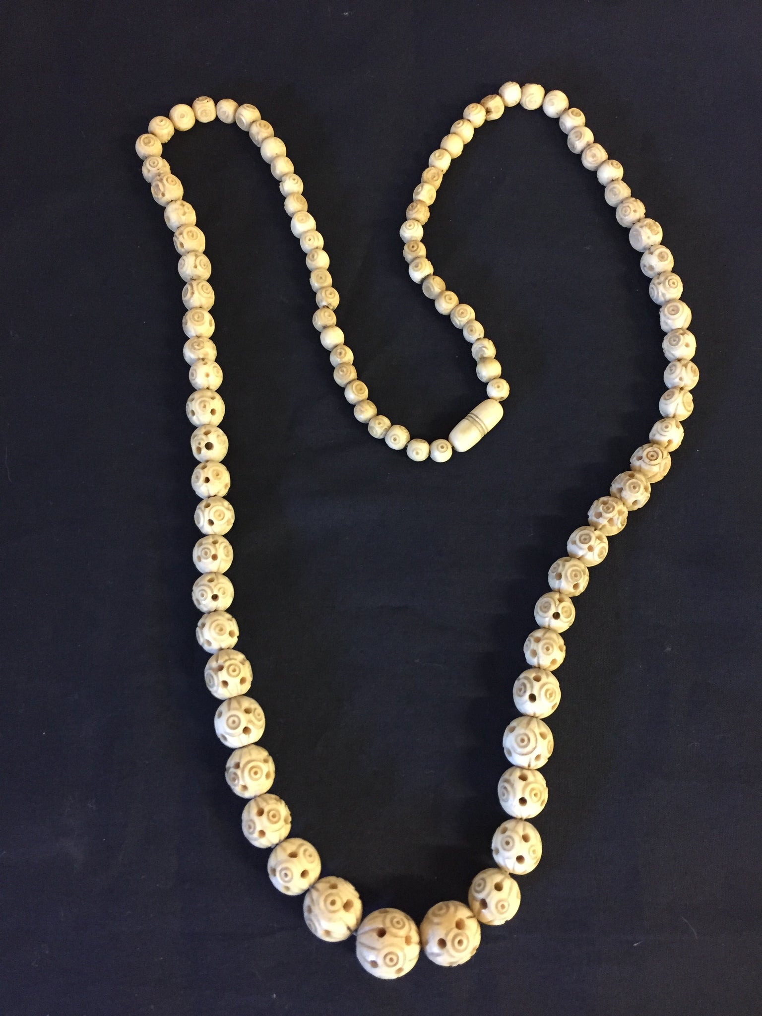 Vintage 1980's All Carved Bone Beaded Necklace Statement Oddity Fun
