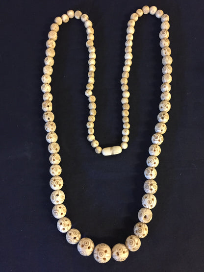 Vintage 1980's All Carved Bone Beaded Necklace Statement Oddity Fun