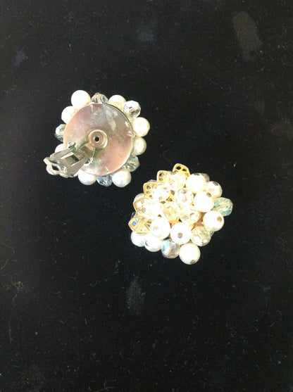 Vintage Goldtone Faux Pearl and Crystal Cluster Clip On Earrings