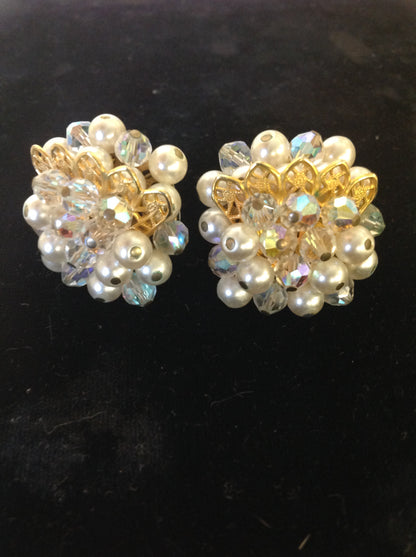 Vintage Goldtone Faux Pearl and Crystal Cluster Clip On Earrings