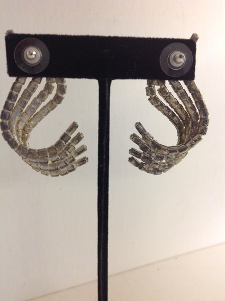 Vintage Silvertone Rhinestone Four Strand Wave Earrings