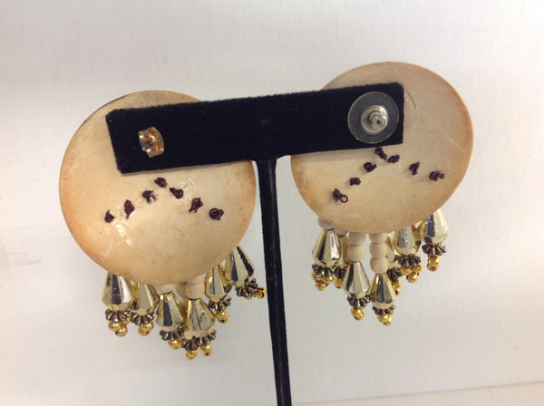 Vintage Leather Goldtone Wooden Bead Copper Chain Pierced Earrings