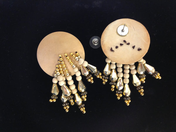Vintage Leather Goldtone Wooden Bead Copper Chain Pierced Earrings