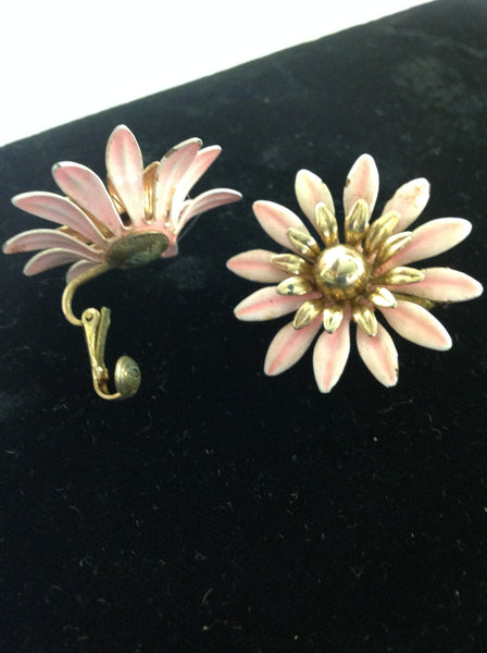 Vintage Pink Daisies Metal Sarah Cov Clip On Earrings
