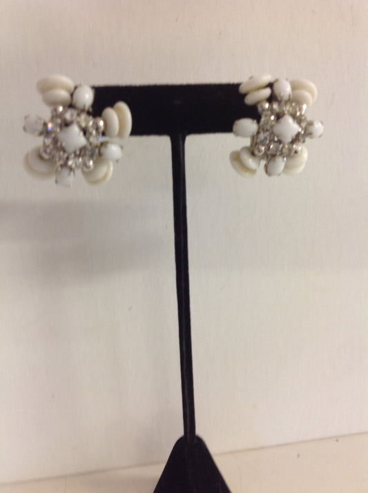 Vintage Silvertone White Plastic Faux Crystal Cluster Clip On Earrings