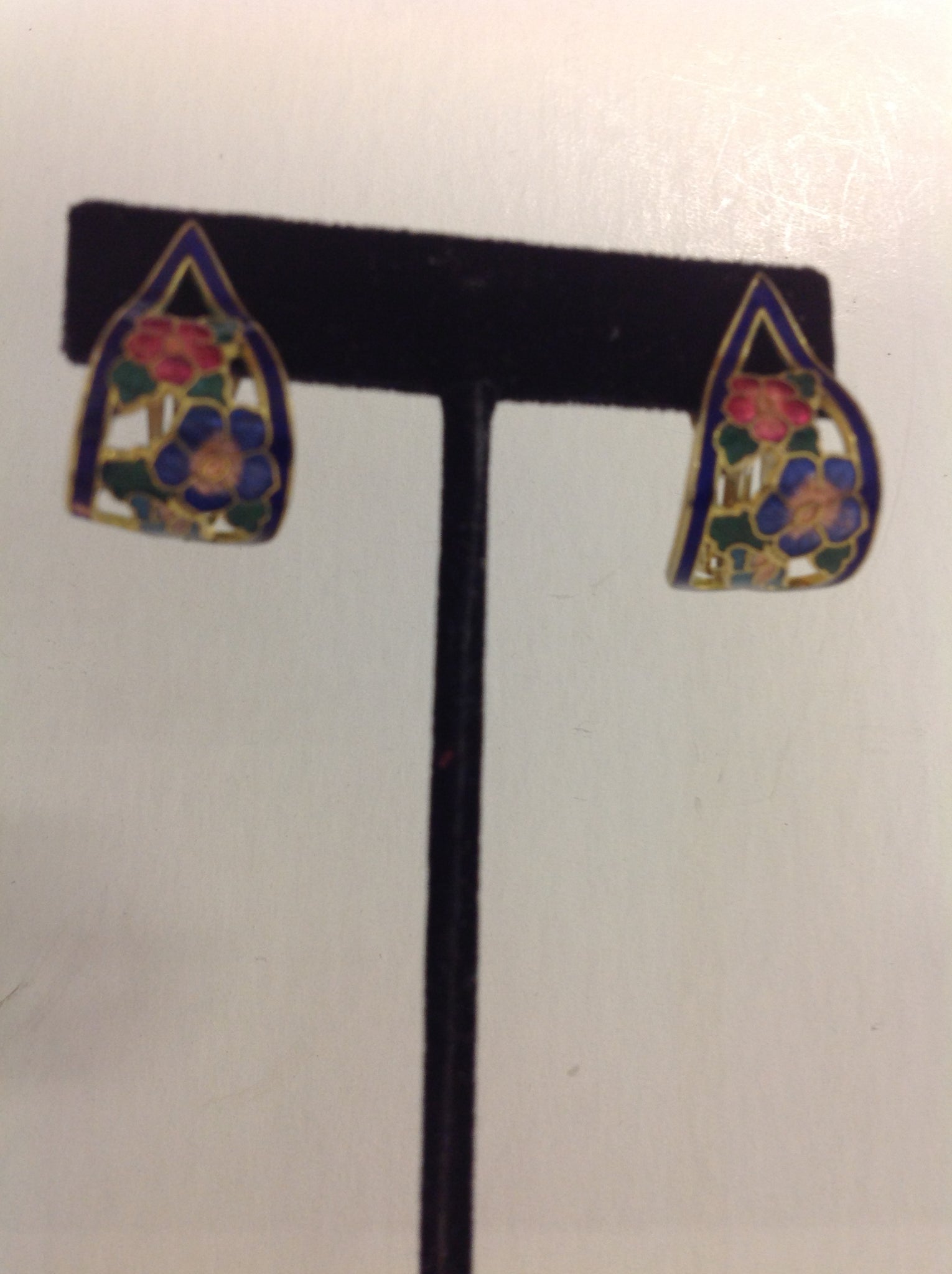 Vintage Goldtone Blue Floral Noveau Enamel Ribbon Clip On Earrings