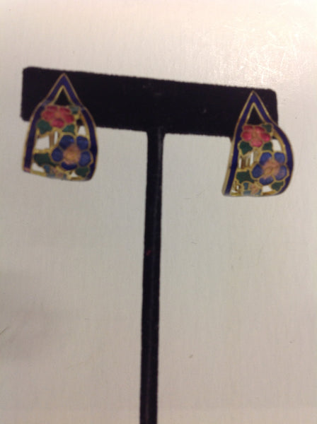 Vintage Goldtone Blue Floral Noveau Enamel Ribbon Clip On Earrings