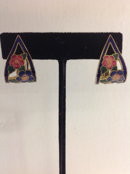 Vintage Goldtone Blue Floral Noveau Enamel Ribbon Clip On Earrings