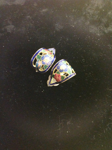 Vintage Goldtone Blue Floral Noveau Enamel Ribbon Clip On Earrings
