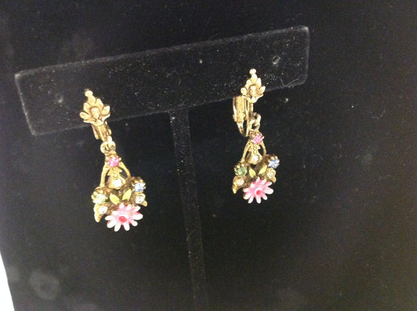 Vintage Goldtone Floral Motif Pink Daisy Blue White Rhinestone Clip On Earrings