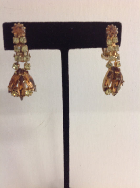 Vintage Cascading Faux Copper Crystal Clip On Earrings
