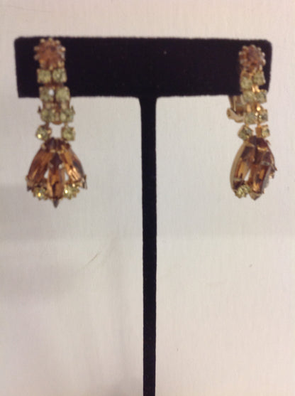 Vintage Cascading Faux Copper Crystal Clip On Earrings