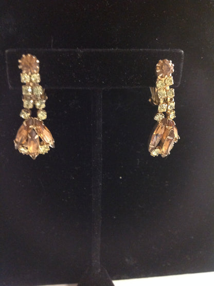 Vintage Cascading Faux Copper Crystal Clip On Earrings