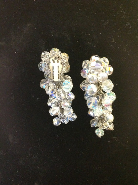 Vintage Silvertone Faux Crystal Pendant Clip On Earrings