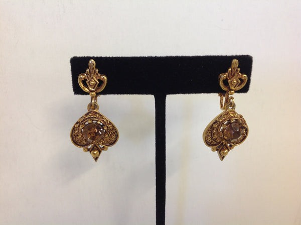 Vintage Goldtone Royal Crest Amber Rhinestone Pendant Clip On Earrings