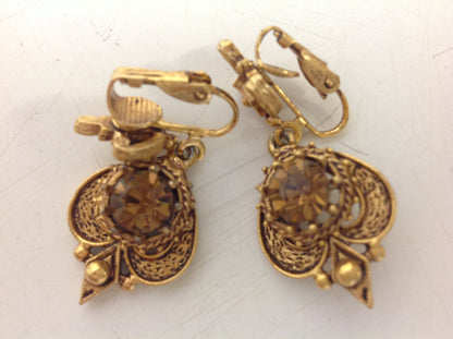 Vintage Goldtone Royal Crest Amber Rhinestone Pendant Clip On Earrings