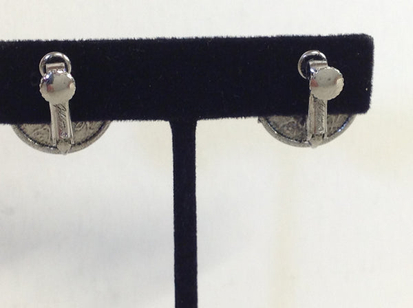 Vintage Silvertone Goldette Faux Coin Lion Crest Sunrise Sword and Crown Clip On Earrings