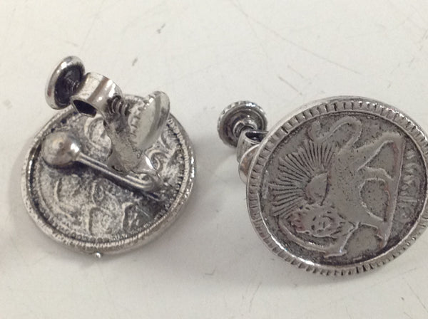 Vintage Silvertone Goldette Faux Coin Lion Crest Sunrise Sword and Crown Clip On Earrings