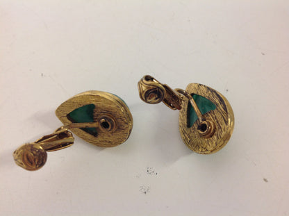 Vintage Clip On Earrings Marbled Green Plastic Center Goldtone
