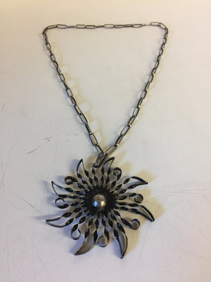 Vintage All Twisted Metal Sun Pendant Necklace Starburst Statement