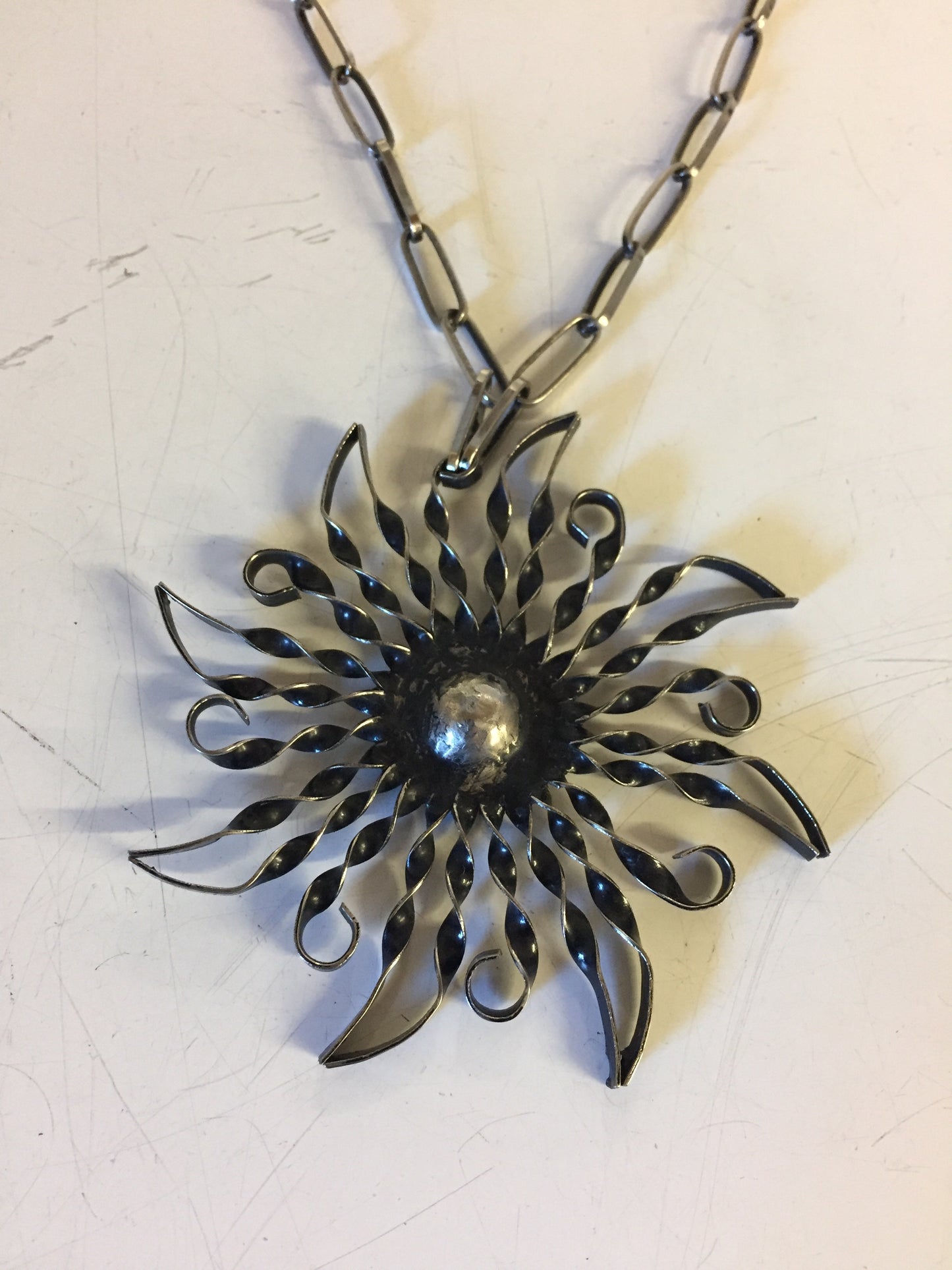 Vintage All Twisted Metal Sun Pendant Necklace Starburst Statement