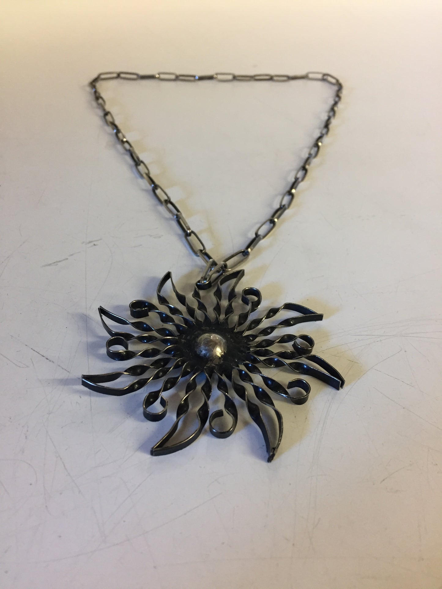 Vintage All Twisted Metal Sun Pendant Necklace Starburst Statement