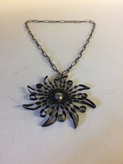 Vintage All Twisted Metal Sun Pendant Necklace Starburst Statement