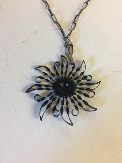 Vintage All Twisted Metal Sun Pendant Necklace Starburst Statement