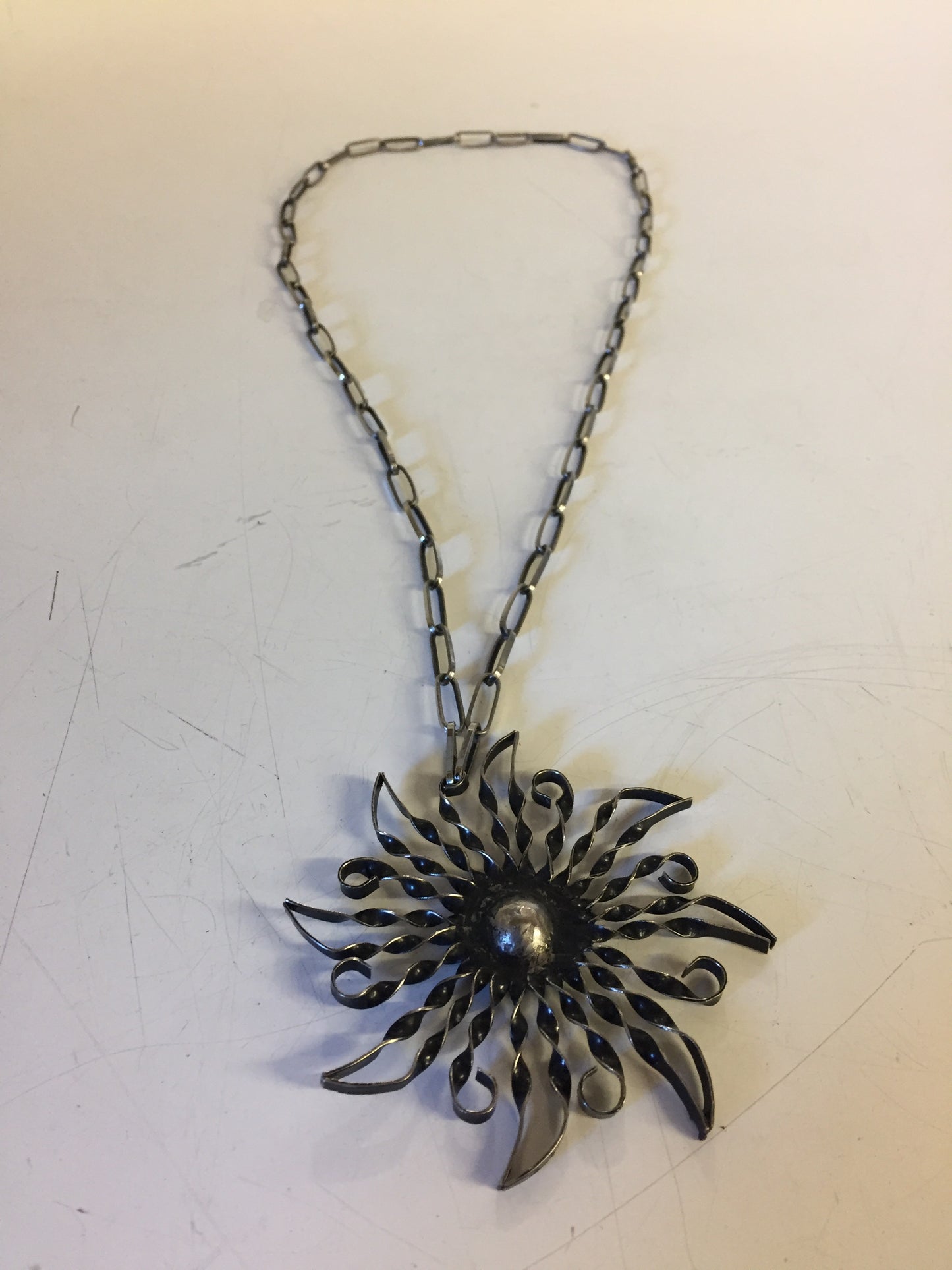 Vintage All Twisted Metal Sun Pendant Necklace Starburst Statement