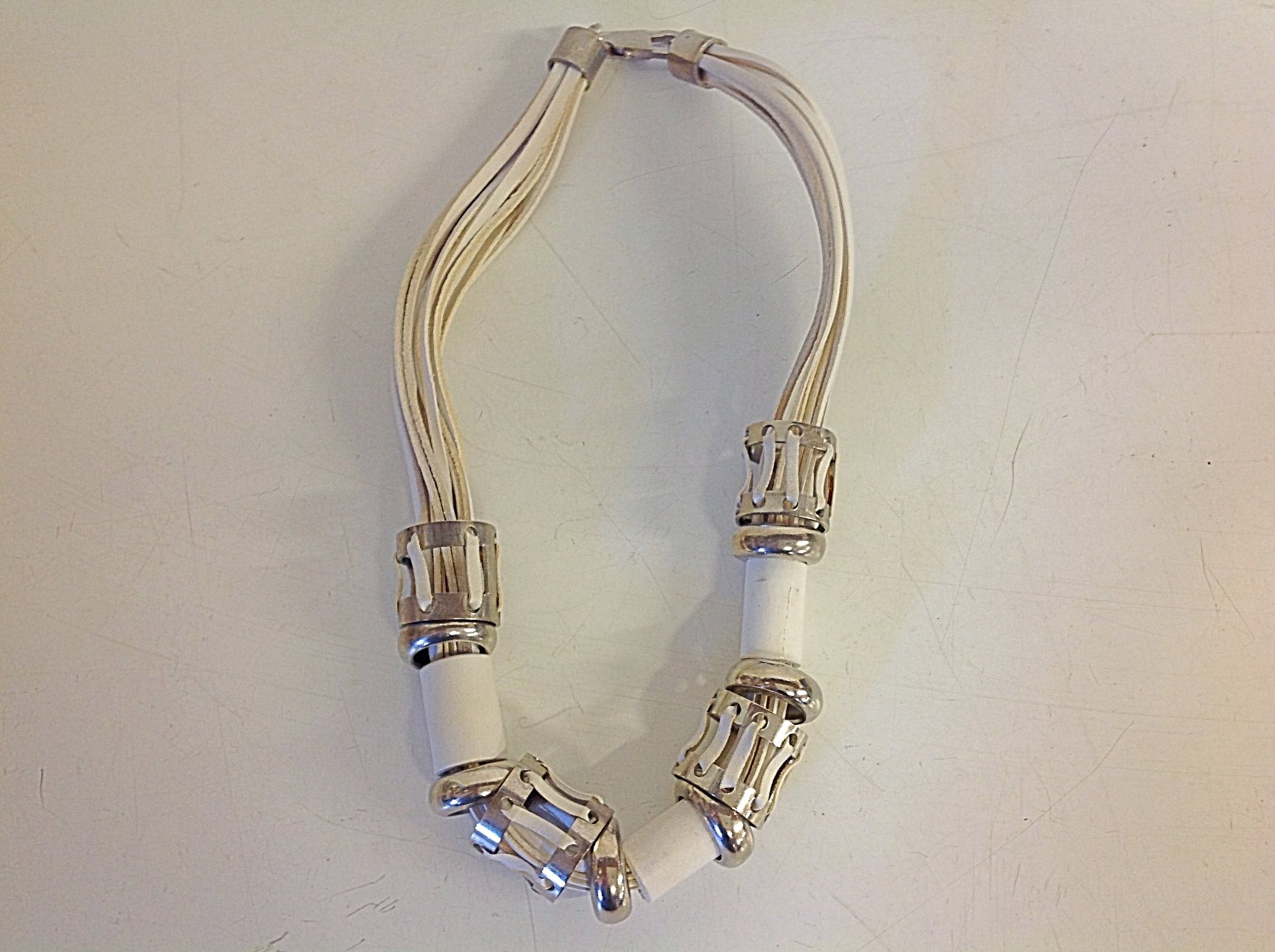 Vintage White Leather Silver Ring Strand Clasp Necklace