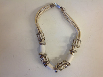 Vintage White Leather Silver Ring Strand Clasp Necklace