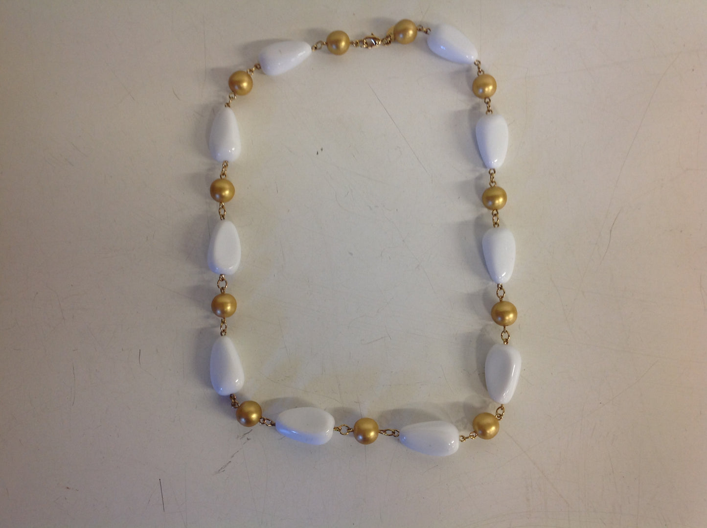 Vintage KJL White Goldtone Plastic Bead Oblong Necklace