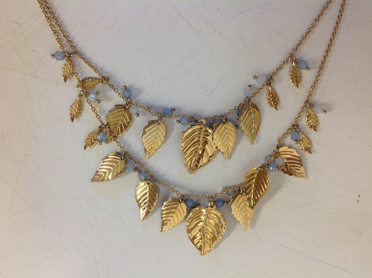 Vintage Goldtone Acanthus Leaf Double Strand Faux Crystal Chain Necklace