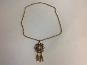 Vintage Goldtone Filigree Chain Pendant Faux Pearl Medallion With Chandelier Chain
