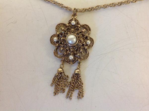Vintage Goldtone Filigree Chain Pendant Faux Pearl Medallion With Chandelier Chain