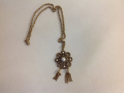 Vintage Goldtone Filigree Chain Pendant Faux Pearl Medallion With Chandelier Chain