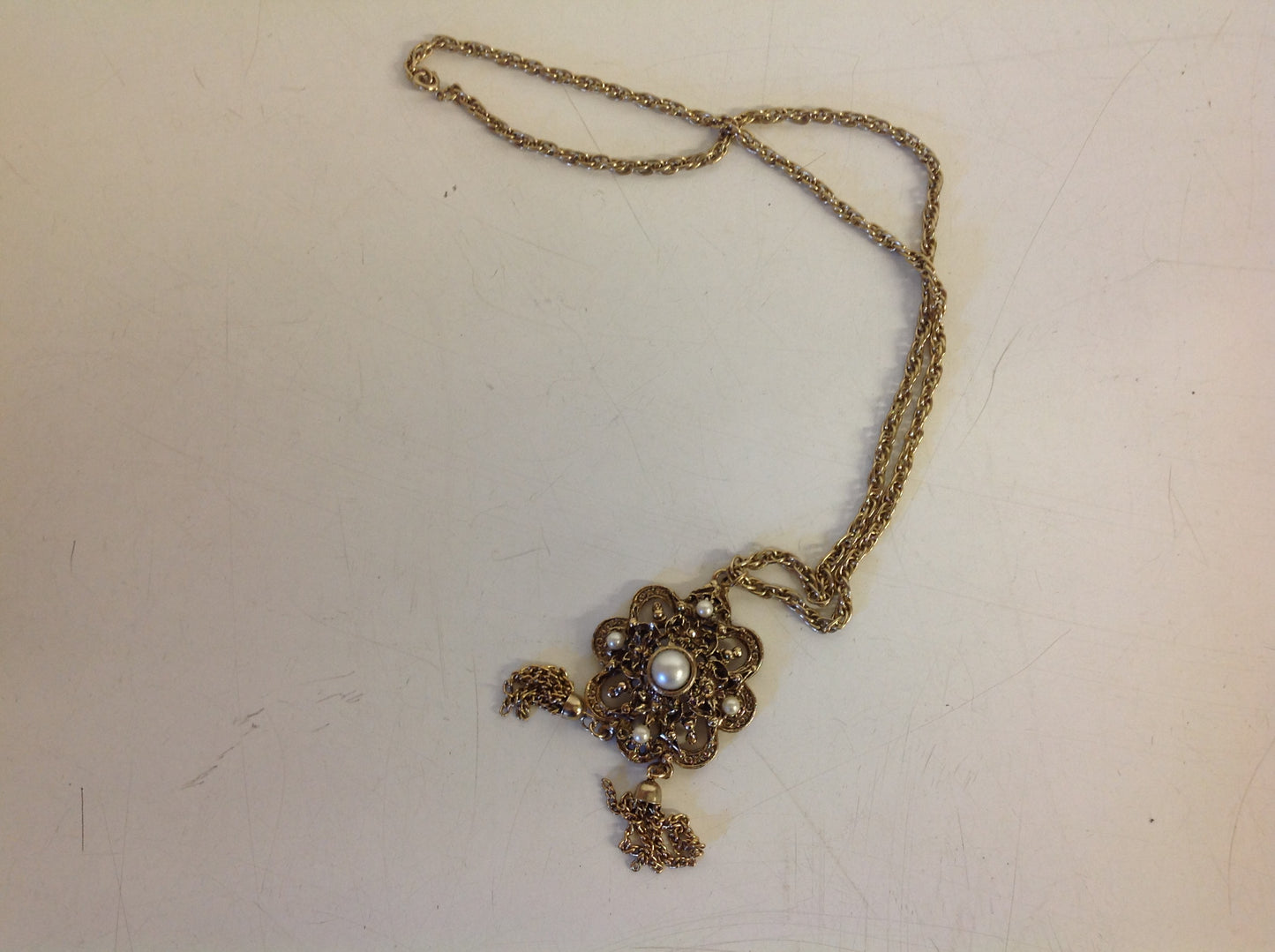 Vintage Goldtone Filigree Chain Pendant Faux Pearl Medallion With Chandelier Chain