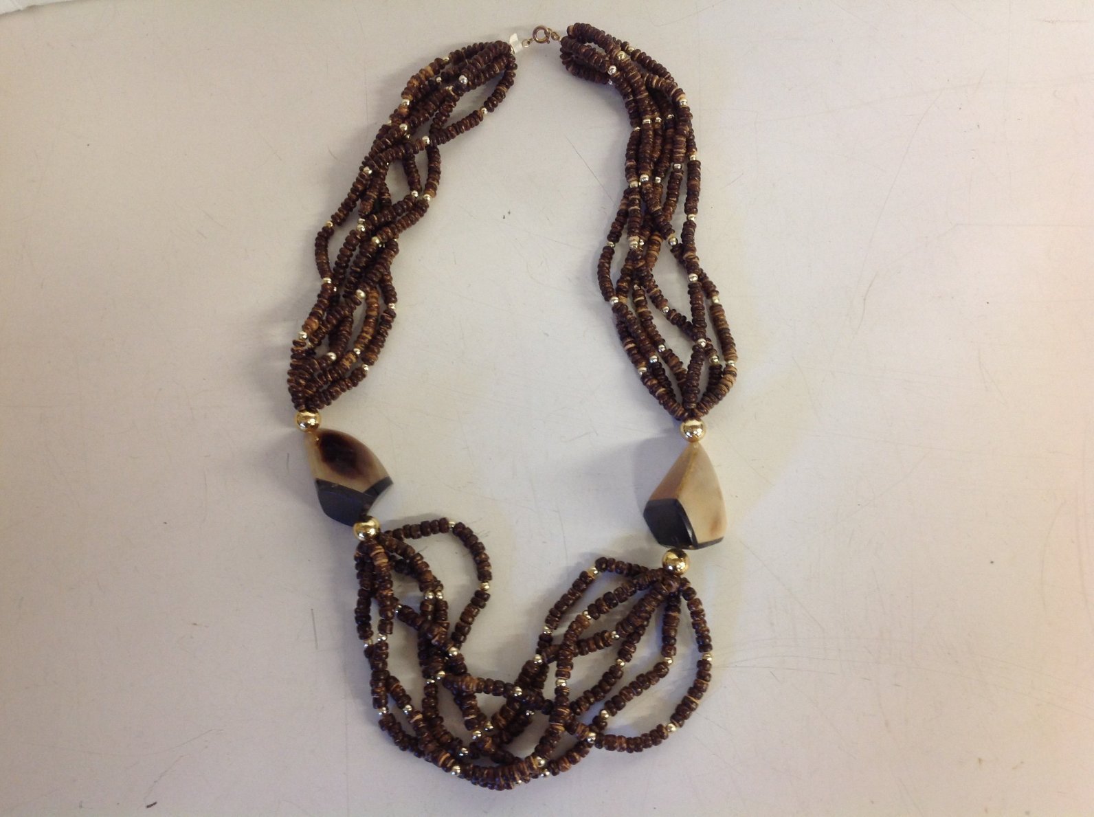 Vintage Wooden Bead Goldtone Plastic Bone Chunky Strand Necklace