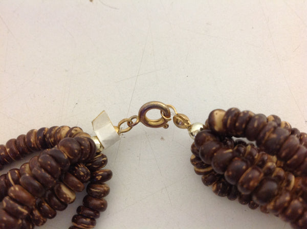 Vintage Wooden Bead Goldtone Plastic Bone Chunky Strand Necklace