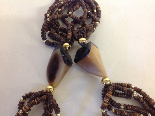 Vintage Wooden Bead Goldtone Plastic Bone Chunky Strand Necklace