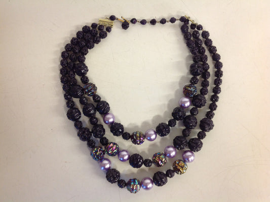 Vintage Triple Strand Iridescent Violet Black Plastic Ore Bead Necklace