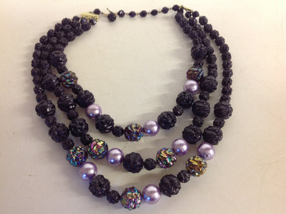 Vintage Triple Strand Iridescent Violet Black Plastic Ore Bead Necklace