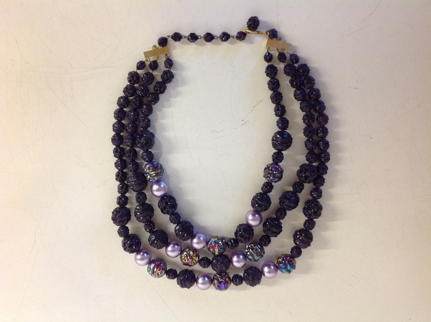 Vintage Triple Strand Iridescent Violet Black Plastic Ore Bead Necklace