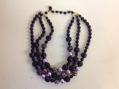 Vintage Triple Strand Iridescent Violet Black Plastic Ore Bead Necklace