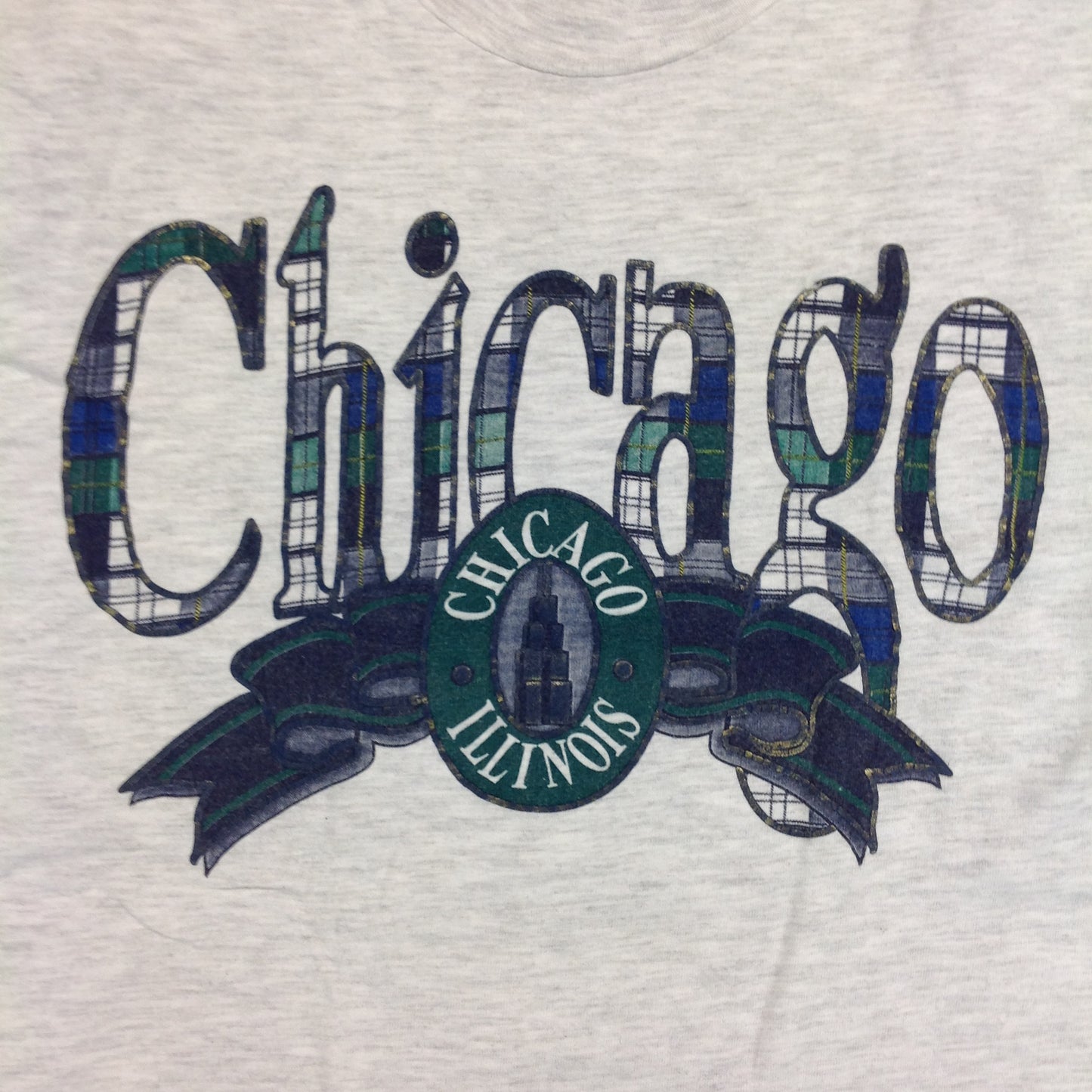 Vintage 1990's Hanes Beefy-T Souvenir Gray Men's Medium Short Sleeve Blue-Green Plaid Chicago Illinois