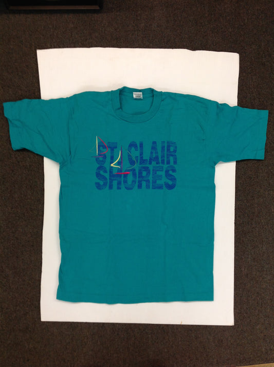 Vintage 1990's Fruit of the Loom Adult Large Souvenir T-Shirt Teal Blue Big Letter Abstract Sailboats St Clair Shores Michigan